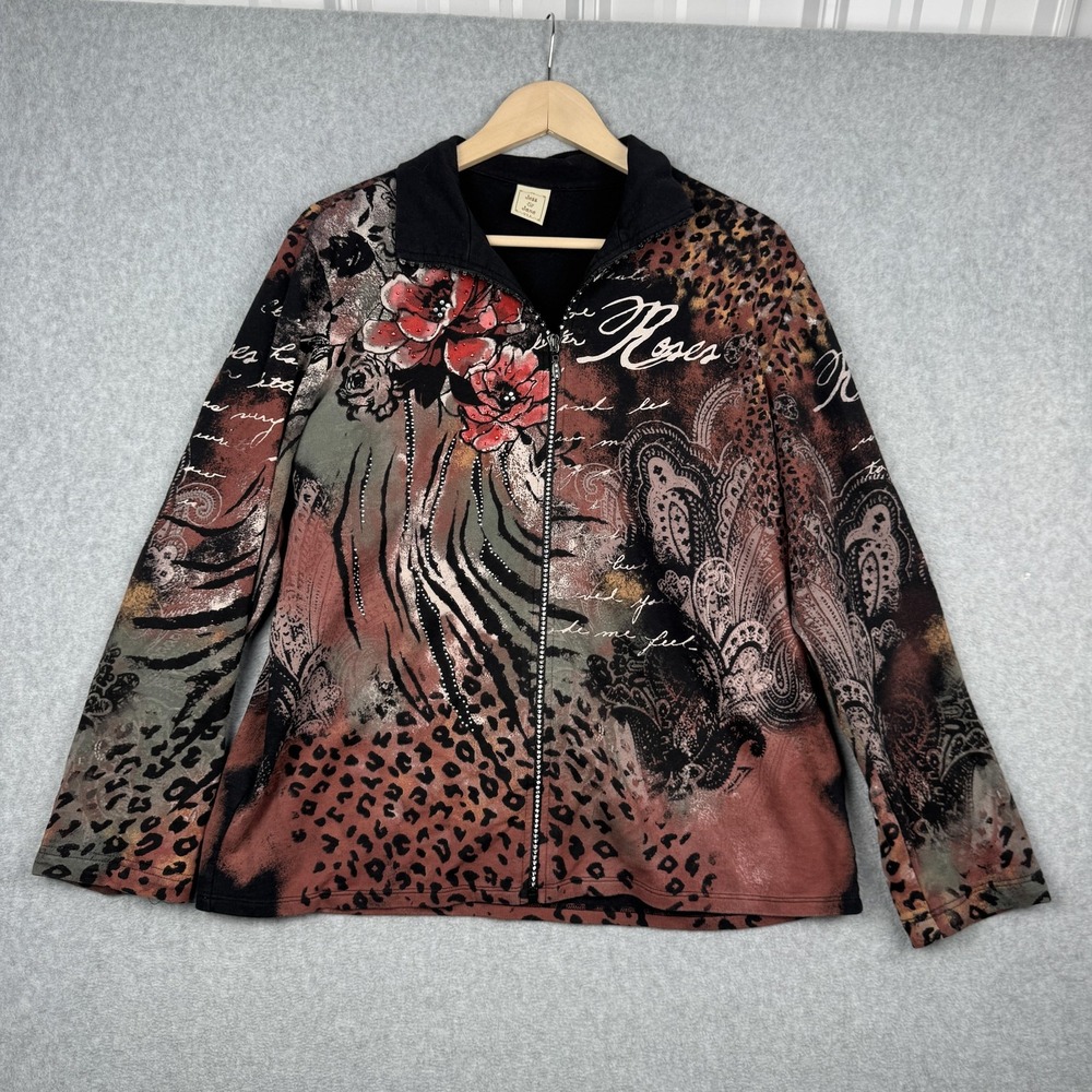 Jess & Jane Jacket Womens Large Multicolor Floral Leopard Rhinestone Art Zip Up‎